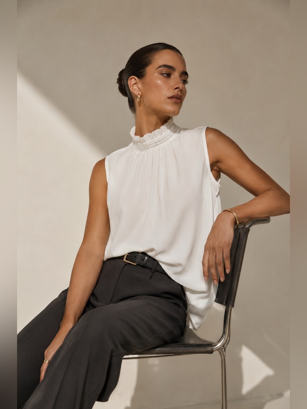 Karl Lagerfeld Paris White Ruffle Lace Mock Neck Blouse M NWT